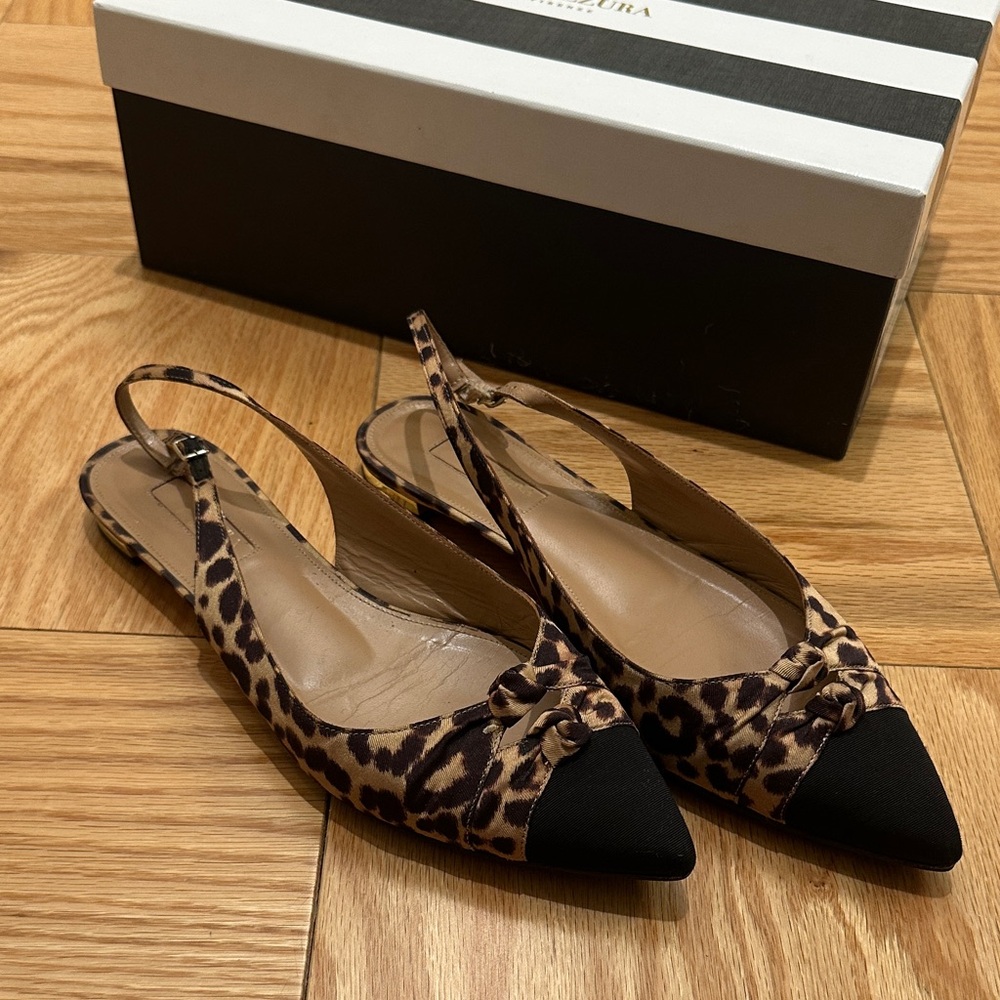 Aquazzura Leopard Print Slingback Flats with Black Accents